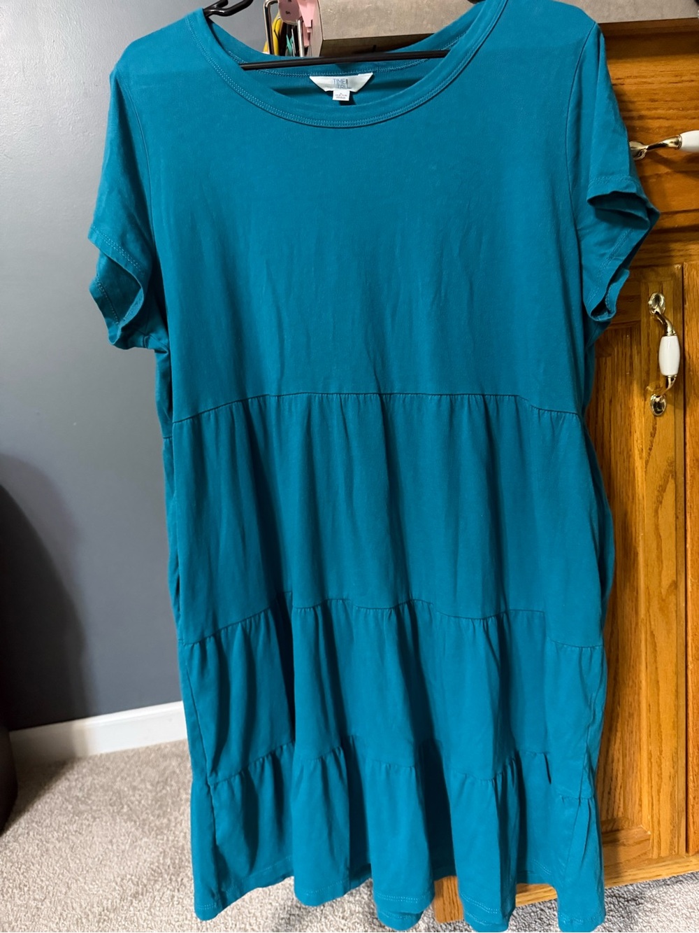 Time and Tru Teal Crewneck Short Sleeve Cotton Dress